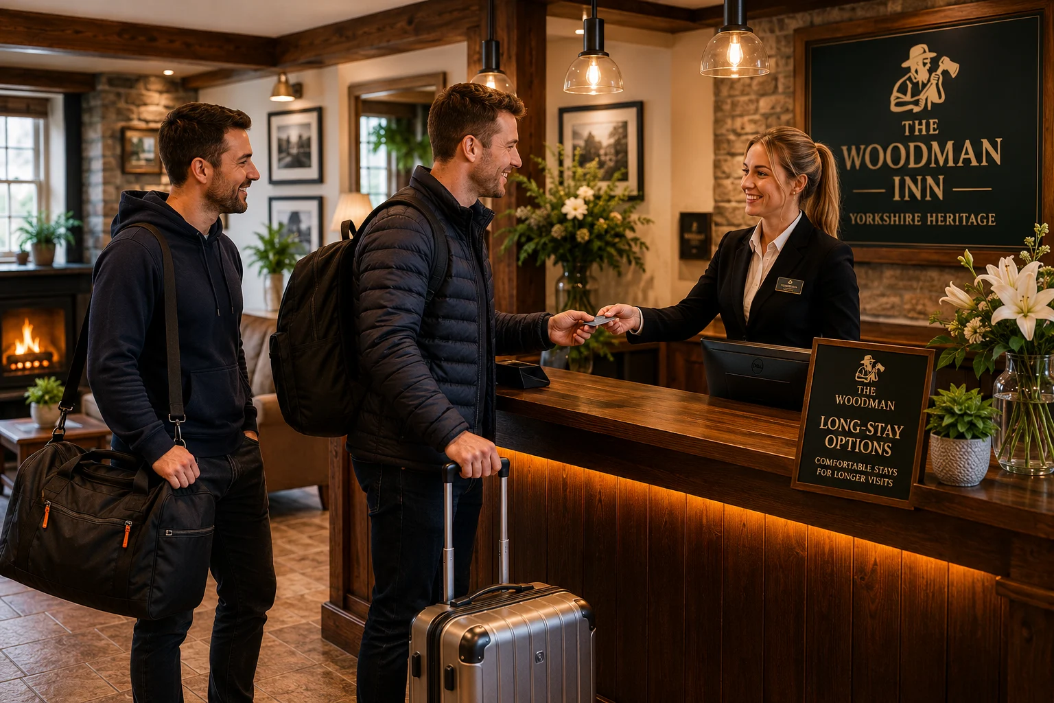 Business travellers and contractors checking into The Woodman Inn for long-stay accommodation in North Yorkshire