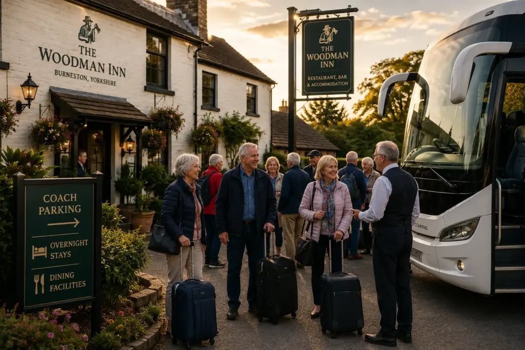 Coach tour group arriving at The Woodman Inn for overnight accommodation and dining in Yorkshire