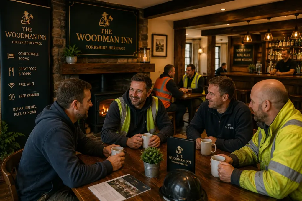 Construction and engineering contractors relaxing at The Woodman Inn after a day on site in North Yorkshire