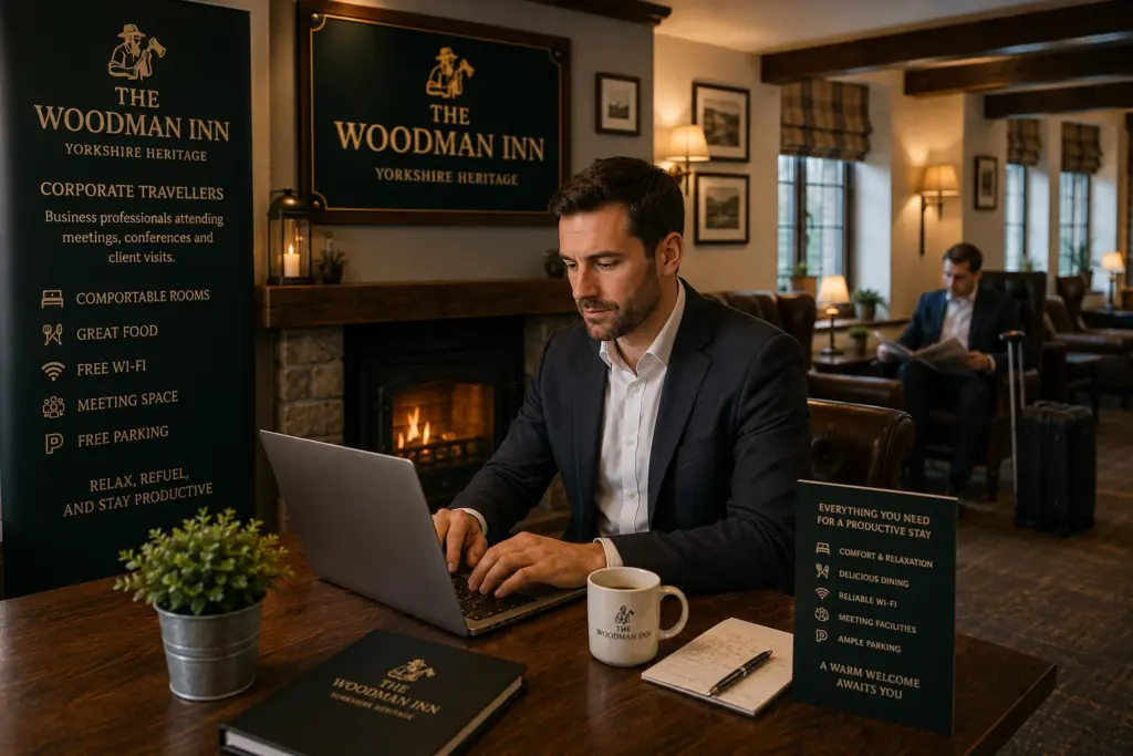 Corporate traveller working remotely at The Woodman Inn business-friendly accommodation in North Yorkshire