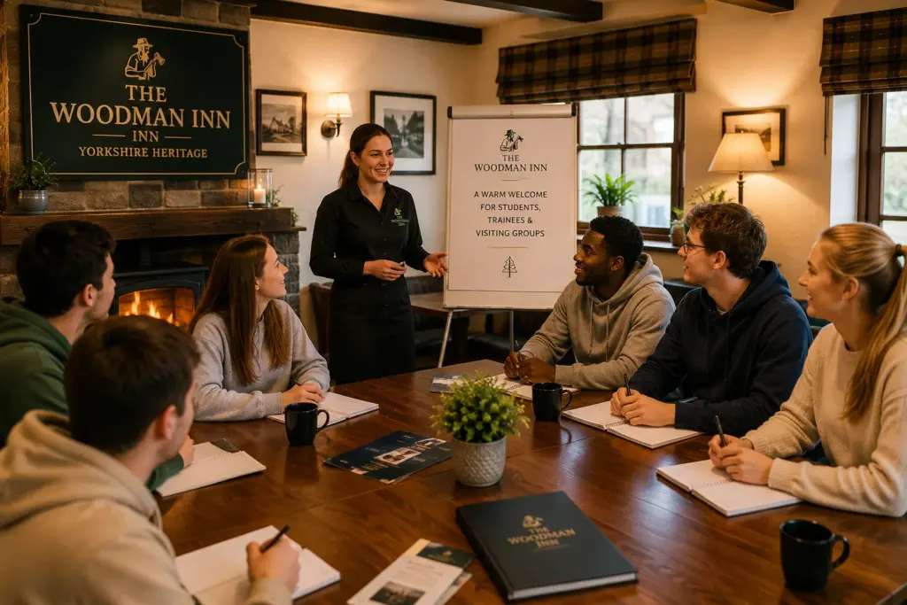 Students and trainees attending a group training session at The Woodman Inn accommodation in Yorkshire