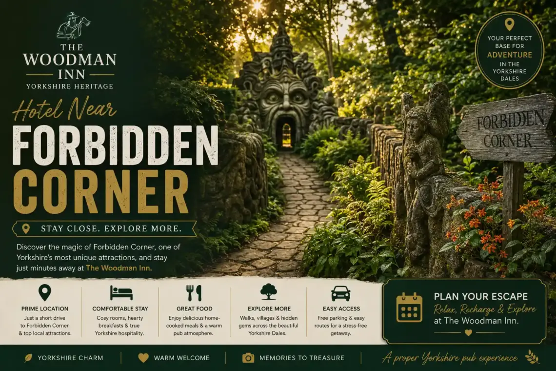 Hotel near Forbidden Corner with comfortable countryside accommodation at The Woodman Inn